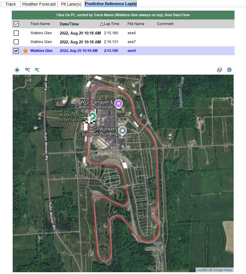 Available predictive reference lap files